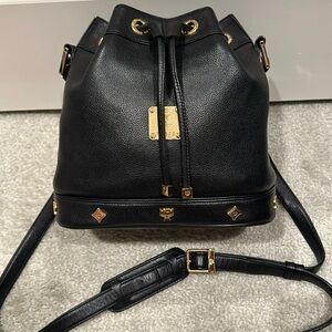 Authentic MCM black leather bucket crossbody bag